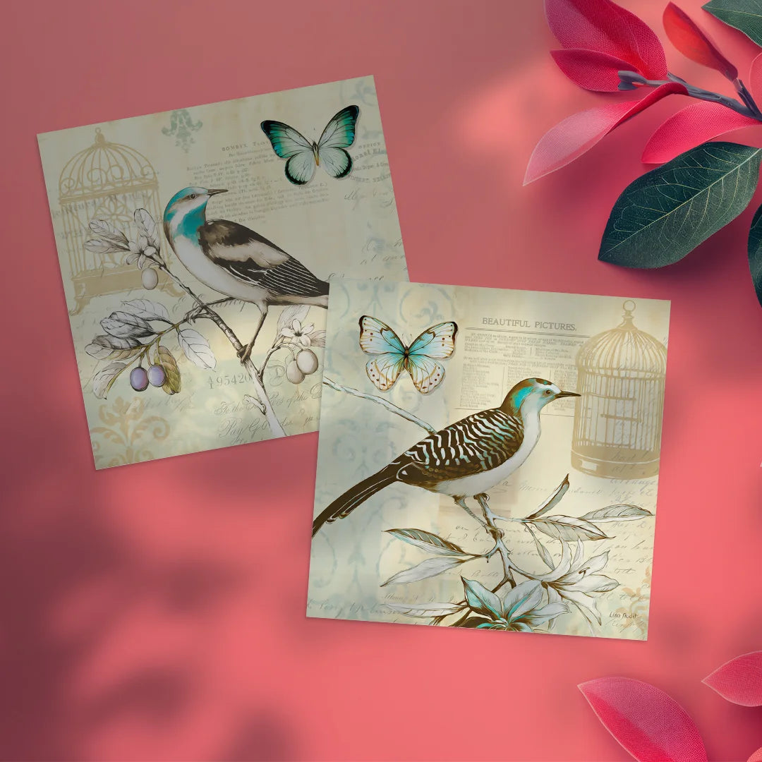 Vintage Bird & Butterfly Harmony – Set of 2 Wall Art Prints