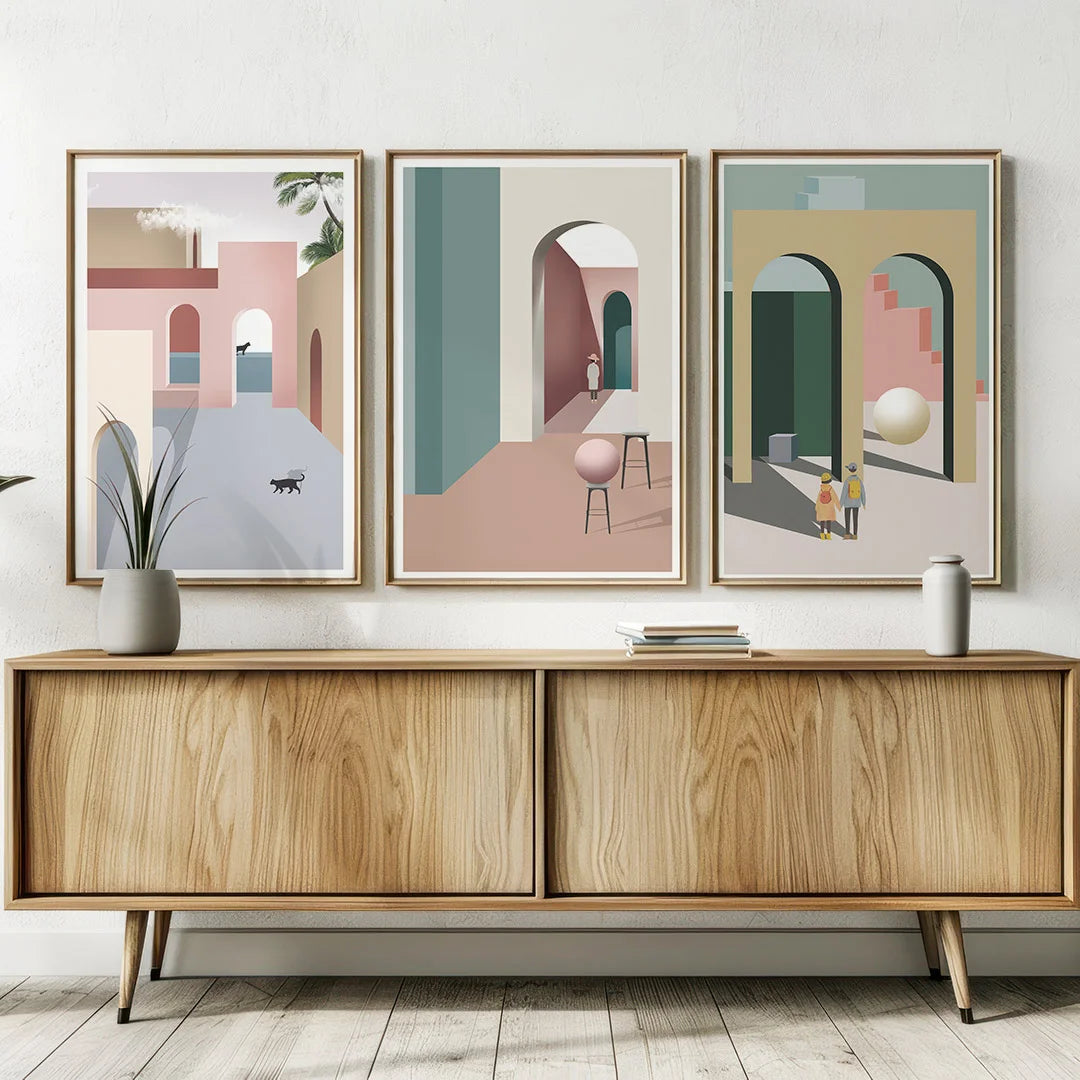 Modern Boho Architectural Escape – Set of 3 Abstract Wall Art