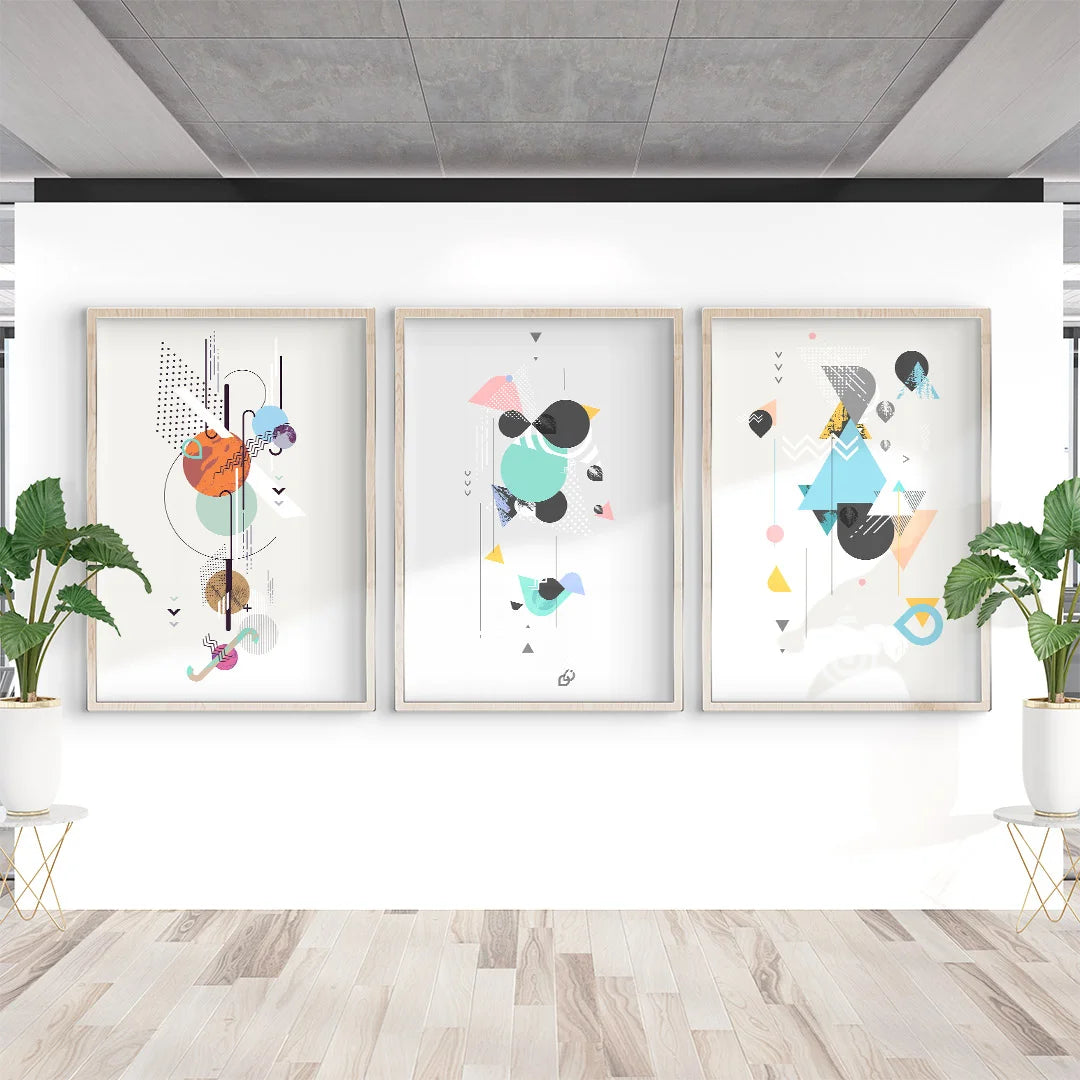 Modern Geometric Fusion – Set of 3 Abstract Wall Art