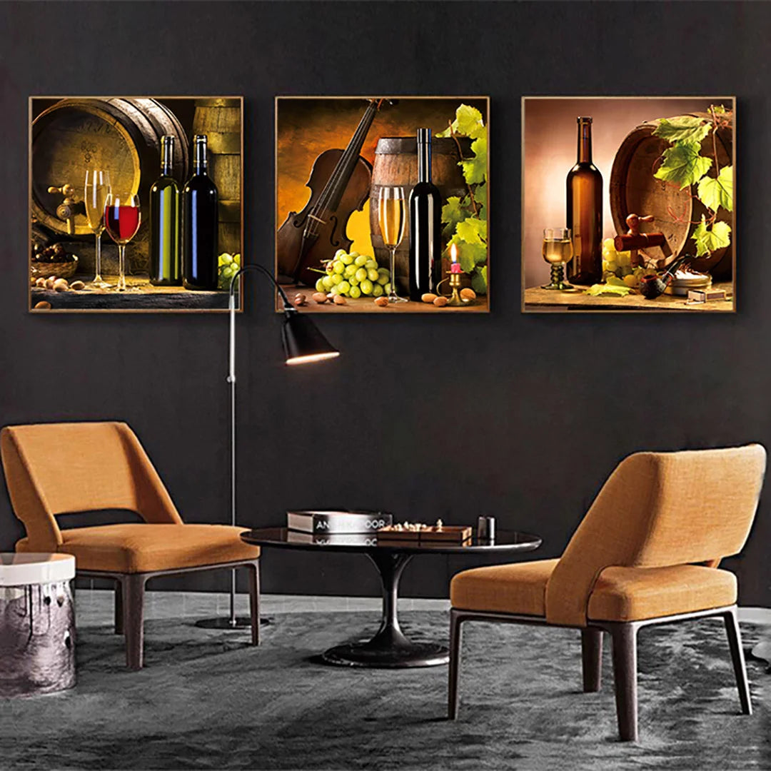 Vintage Wine & Melody Still Life – Set of 3 Wall Art Prints