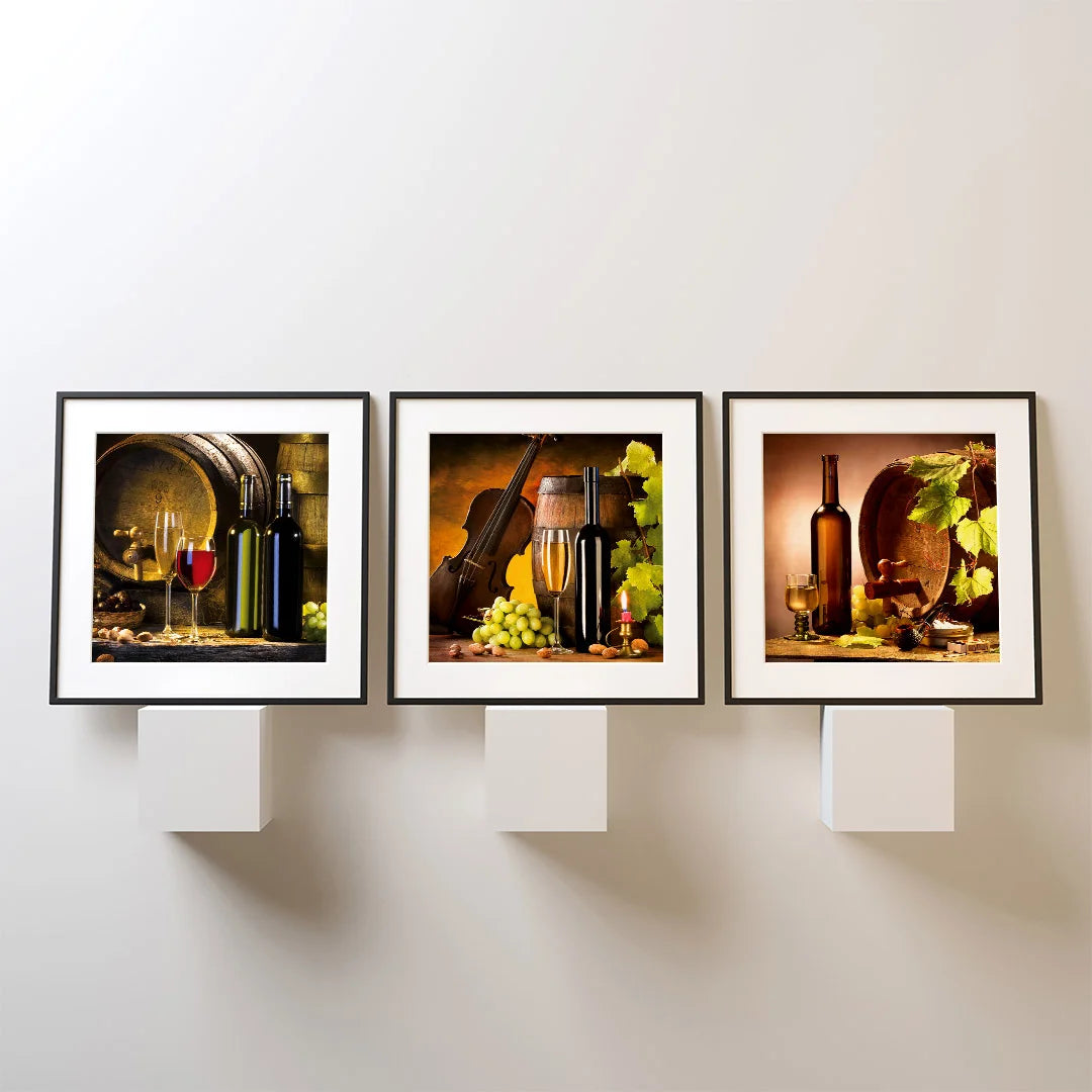 Vintage Wine & Melody Still Life – Set of 3 Wall Art Prints