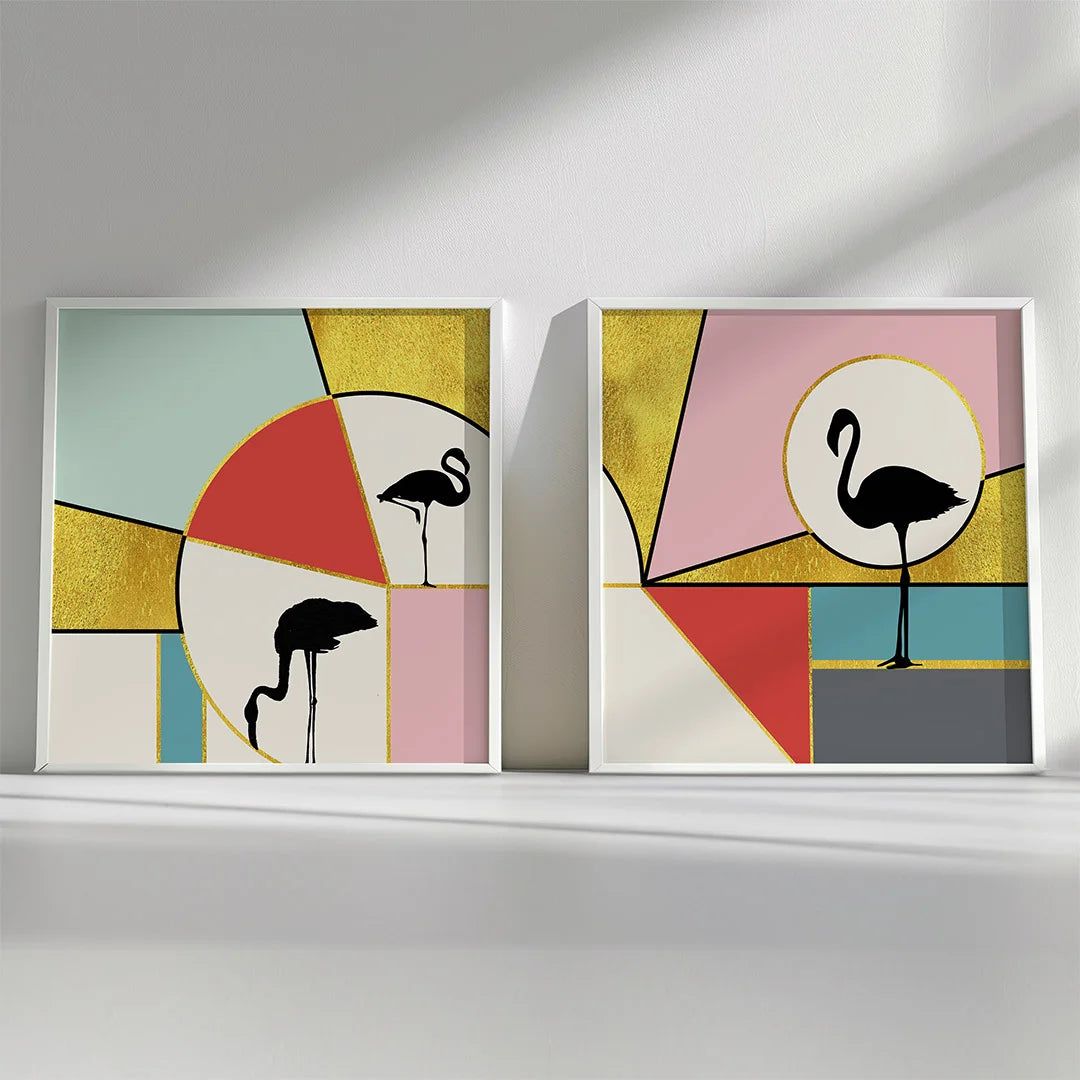 Modern Flamingo Geometry – Set of 2 Abstract Wall Art