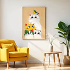 Playful Cats & Bird – Cute Cartoon Wall Art Poster