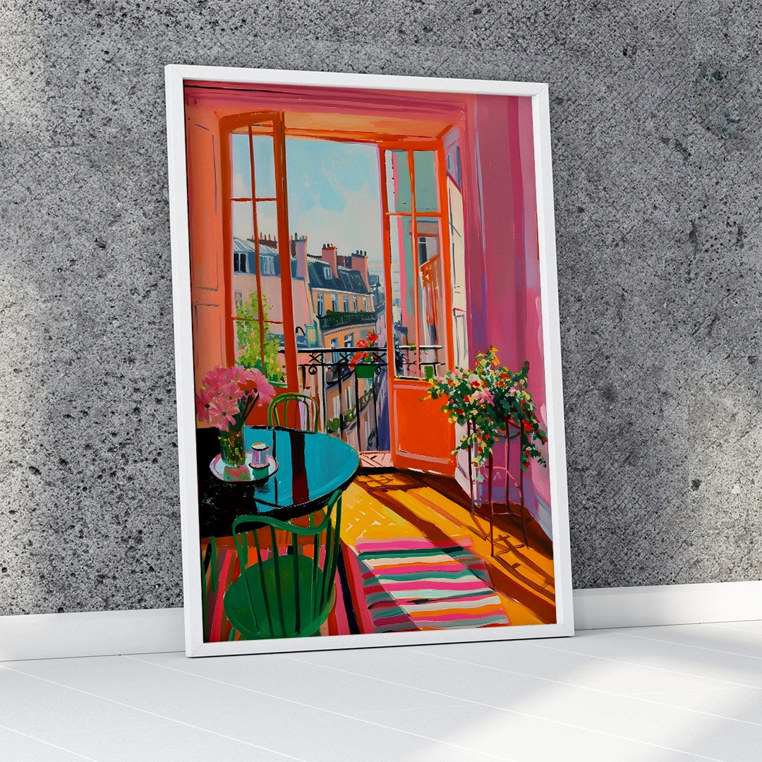 Sunlit Balcony View – Colorful Interior Art Print
