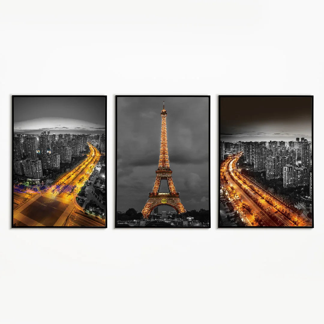Urban Nights Paris Glow – Set of 3 Cityscape Wall Art Prints