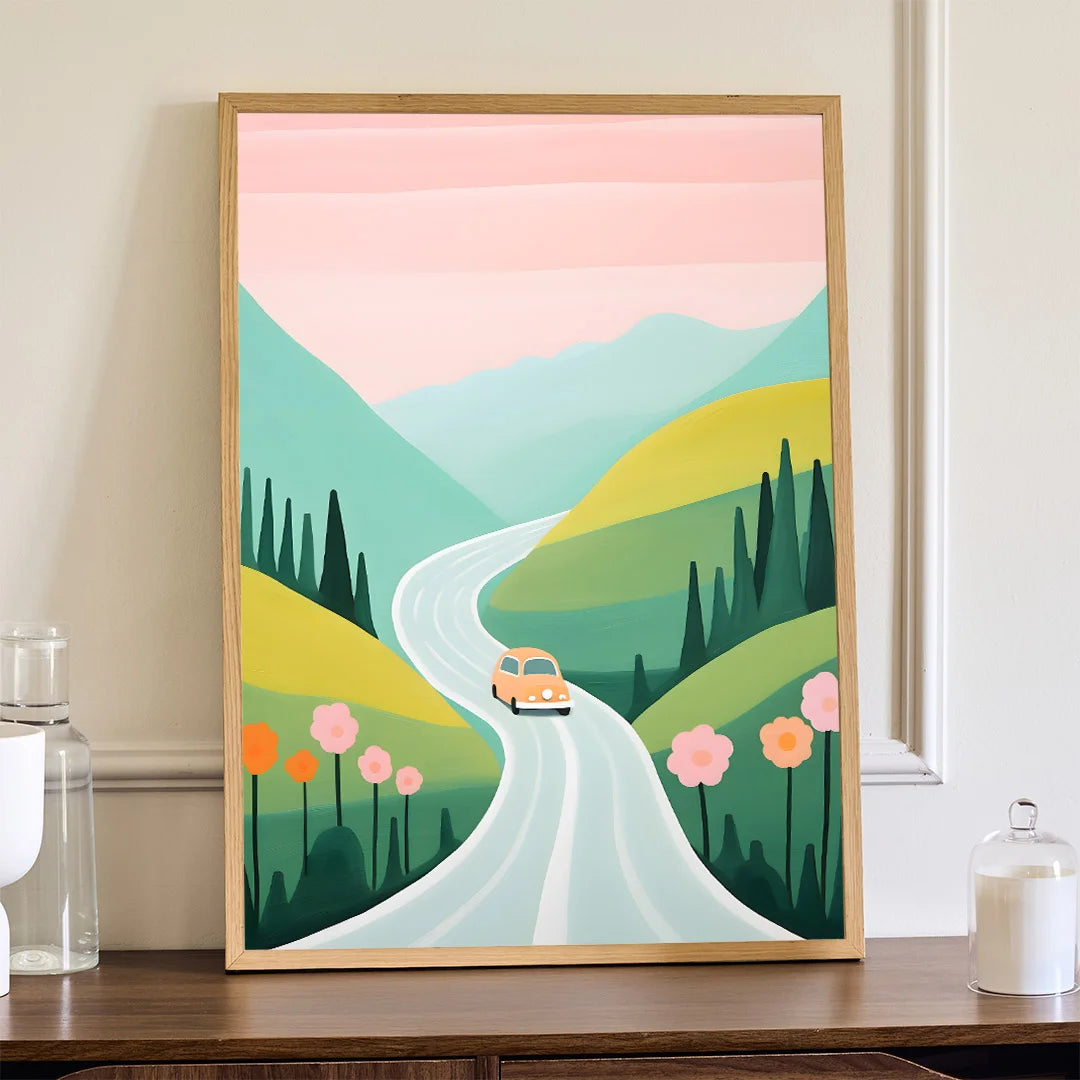 Pastel Valley Drive – Scenic Minimal Landscape Wall Art