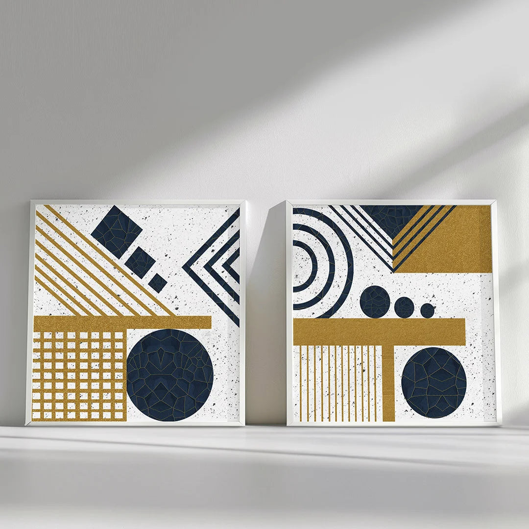 Modern Geometric Gold & Navy – Set of 2 Abstract Wall Art Prints