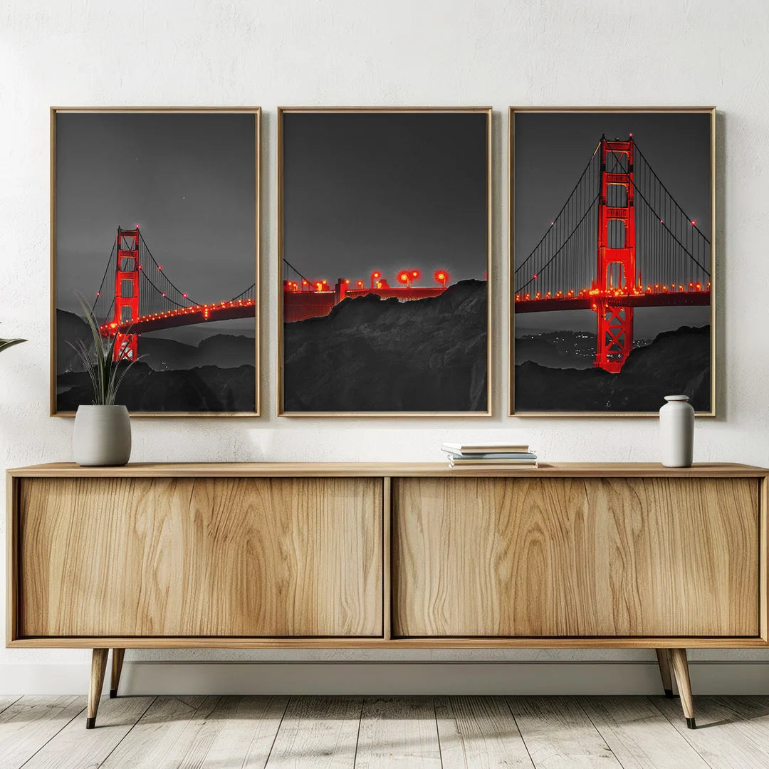 Golden Gate Night Glow – Set of 3 Cityscape Wall Art Prints