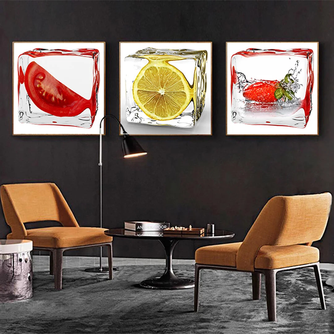 Frozen Fresh Trio – Contemporary Fruit Ice Wall Art Set