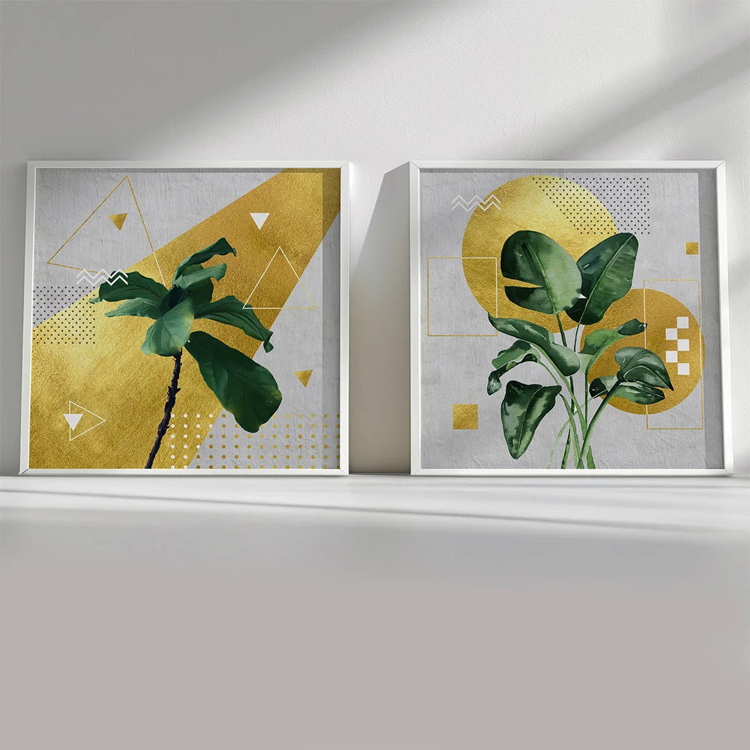 Modern Botanical Geometry – Set of 2 Gold Accent Wall Art Prints