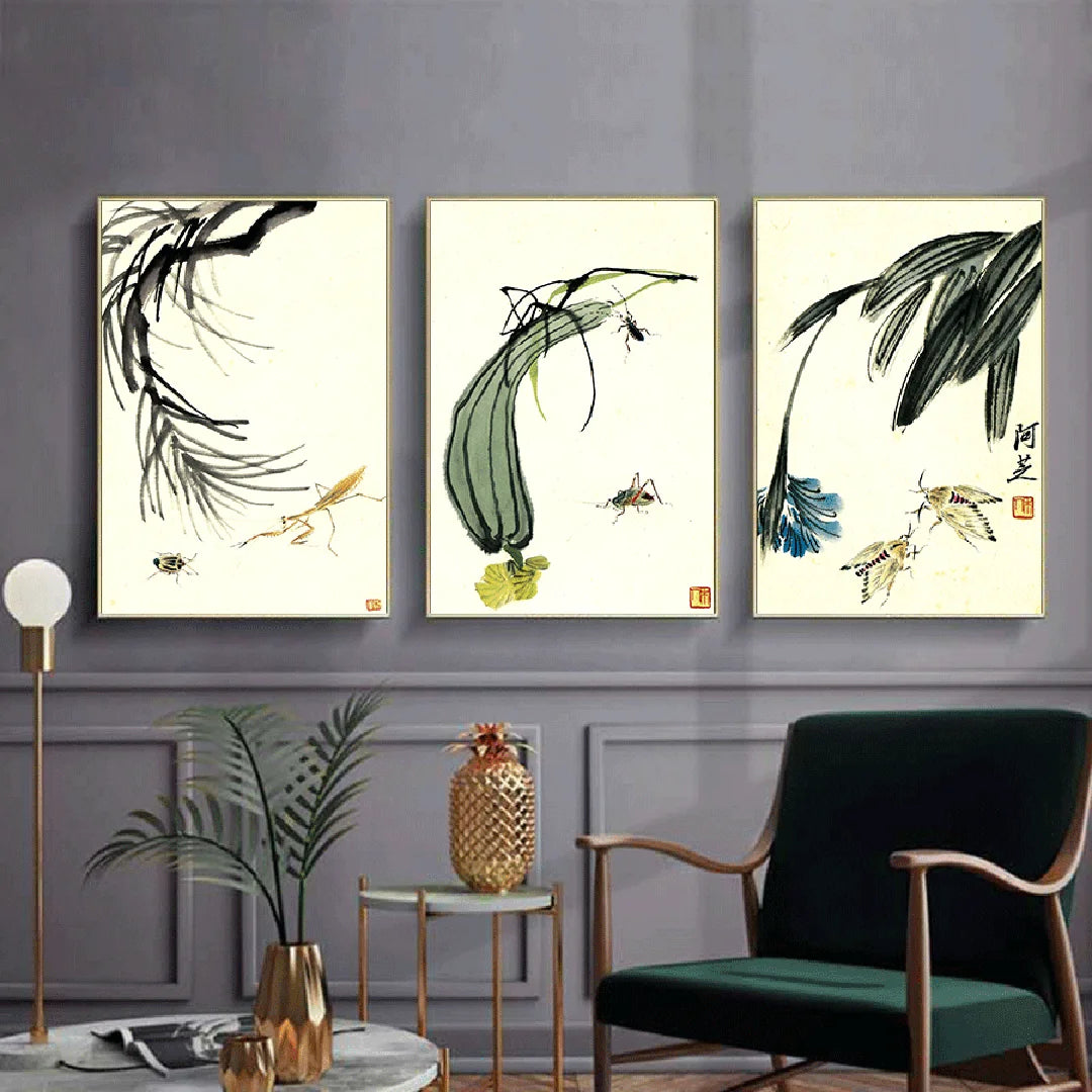 Oriental Ink Nature – Set of 3 Minimal Asian Wall Art Prints