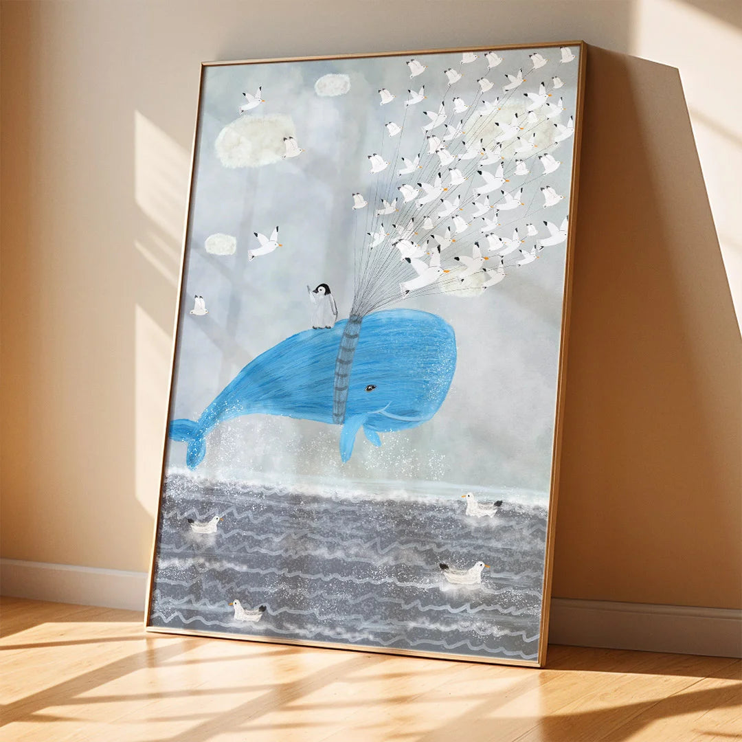 Whale & Birds Dreamscape – Whimsical Kids Wall Art Poster