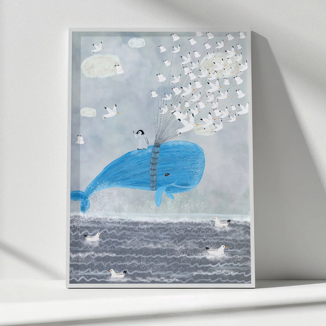 Whale & Birds Dreamscape – Whimsical Kids Wall Art Poster