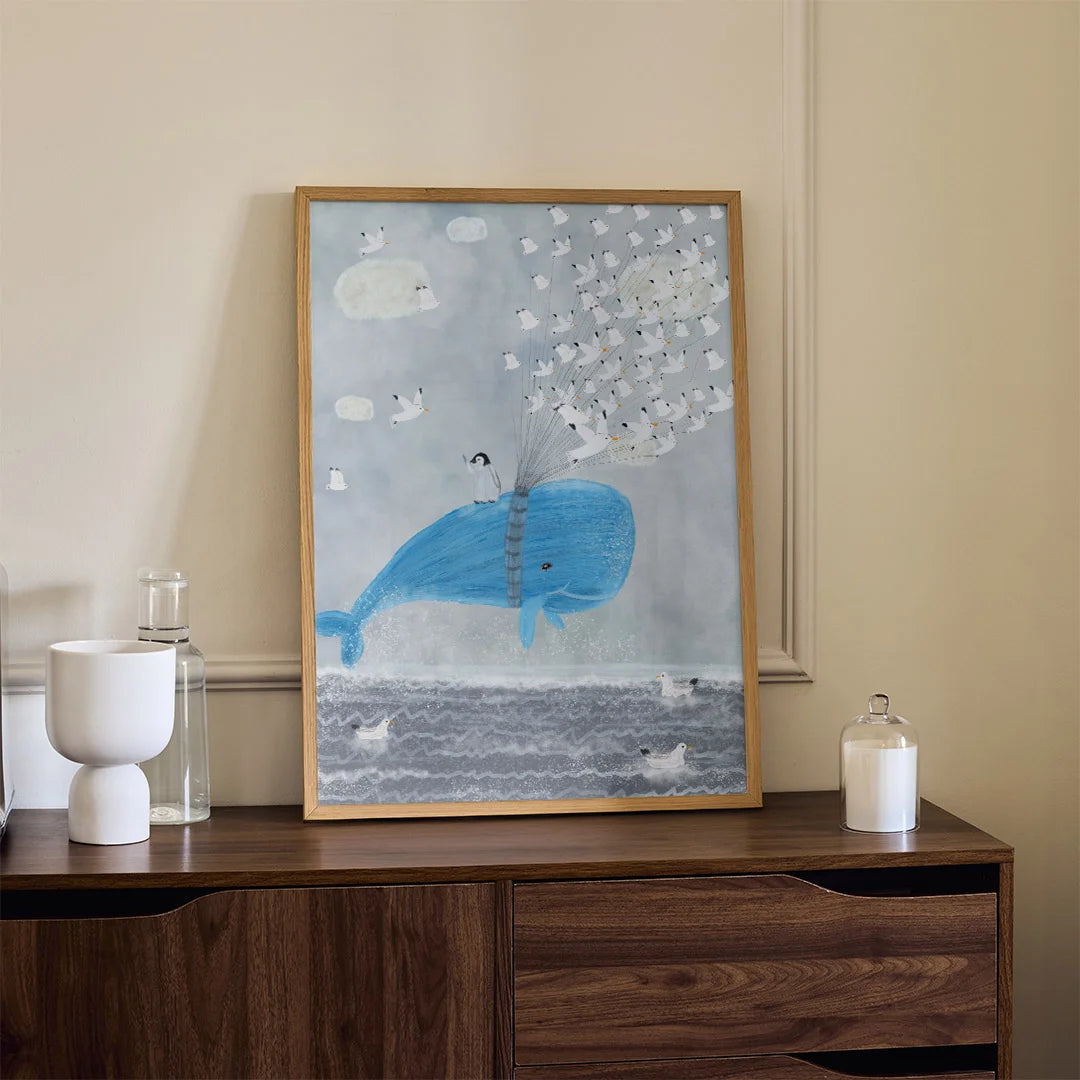 Whale & Birds Dreamscape – Whimsical Kids Wall Art Poster